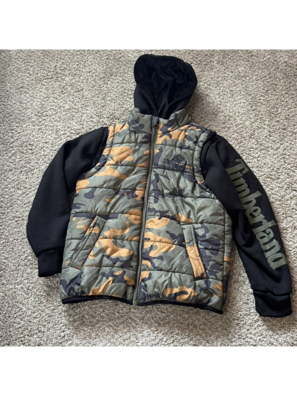 Timberland Jacket Kids Size M (10/12) Unisex Camouflage Puffer Vest Hoodie